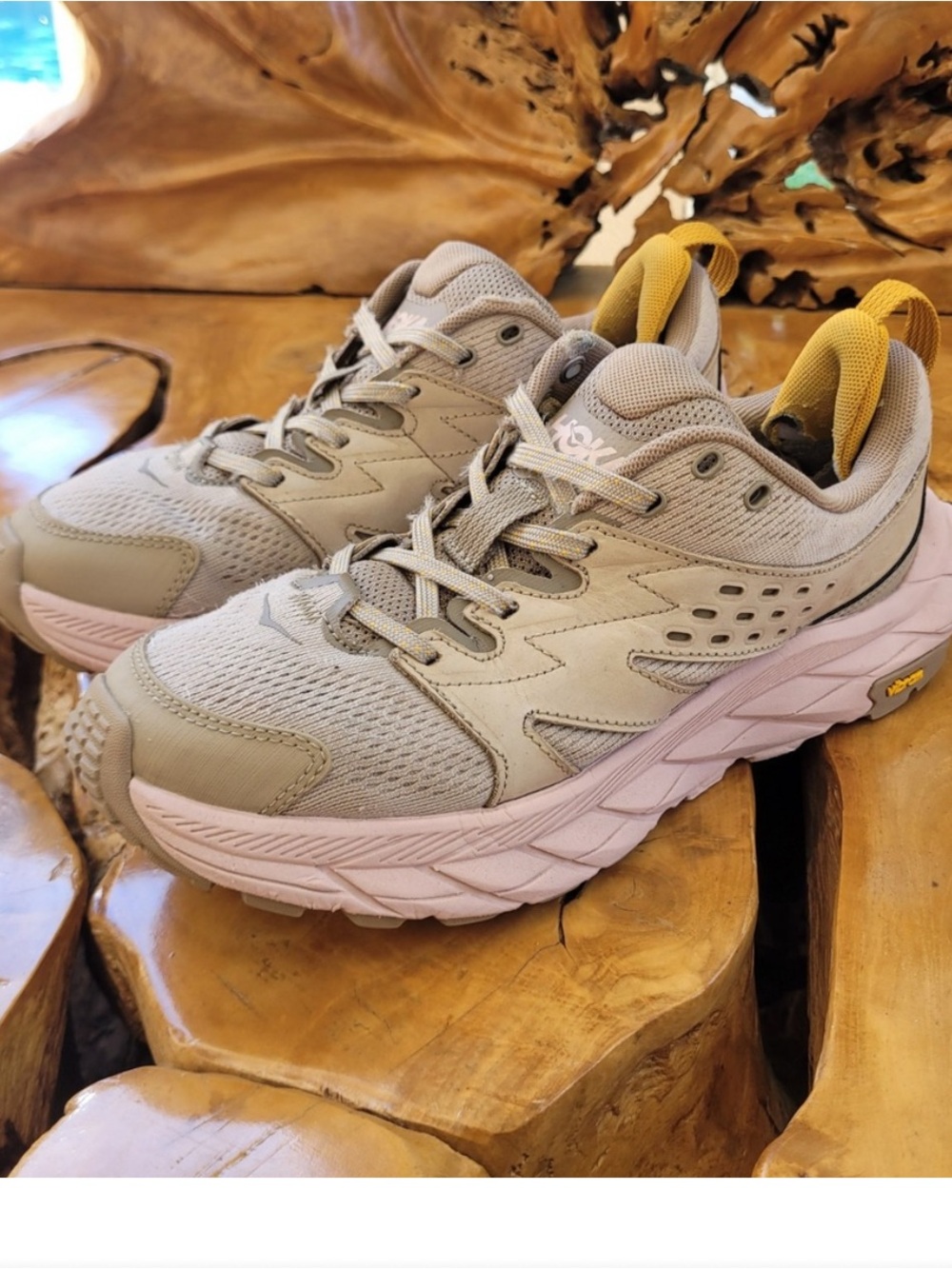 Hoka Women's Beige Running Shoes with Yellow Heel Tabs